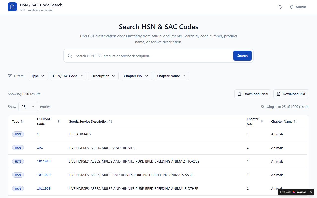 Screenshot of GST HSN Finder